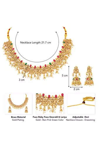 Gold plated faux ruby faux emerald & lariya studded necklace earrings set jewellery for women