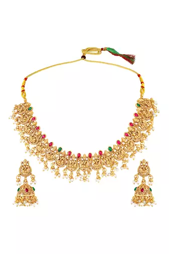 Gold plated faux ruby faux emerald & lariya studded necklace earrings set jewellery for women