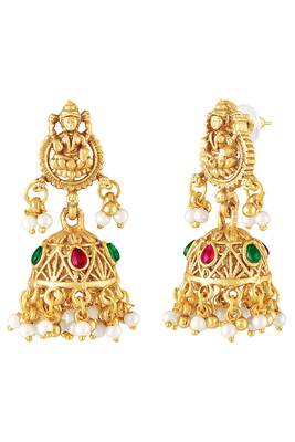 Gold plated faux ruby faux emerald & lariya studded necklace earrings set jewellery for women 5