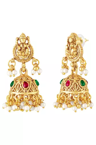 Gold plated faux ruby faux emerald & lariya studded necklace earrings set jewellery for women