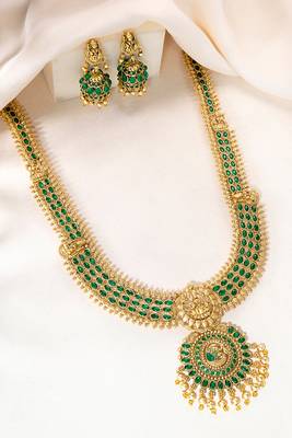 Gold plated faux emerald studded traditional long necklace earrings set jewellery for women 1