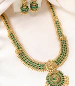 Gold plated faux emerald studded traditional long necklace earrings set jewellery for women
