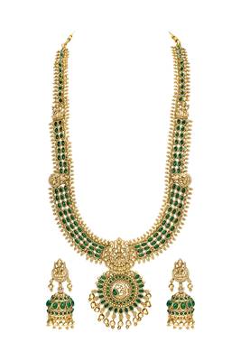 Gold plated faux emerald studded traditional long necklace earrings set jewellery for women 2