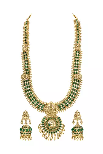 Gold plated faux emerald studded traditional long necklace earrings set jewellery for women
