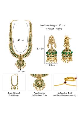 Gold plated faux emerald studded traditional long necklace earrings set jewellery for women 3