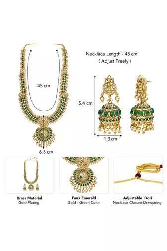 Gold plated faux emerald studded traditional long necklace earrings set jewellery for women