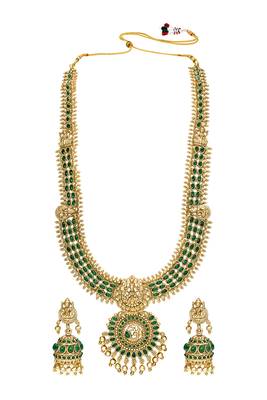 Gold plated faux emerald studded traditional long necklace earrings set jewellery for women 4