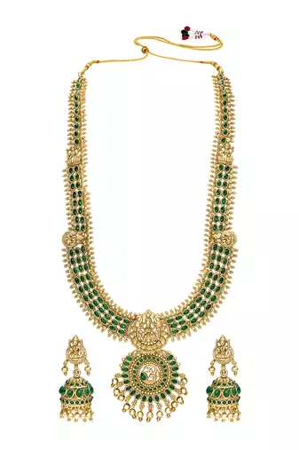 Gold plated faux emerald studded traditional long necklace earrings set jewellery for women
