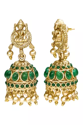 Gold plated faux emerald studded traditional long necklace earrings set jewellery for women