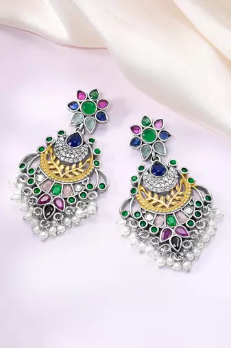 Oxidized silver plated multicolor crystals & lariya studded dangle earrings jewellery