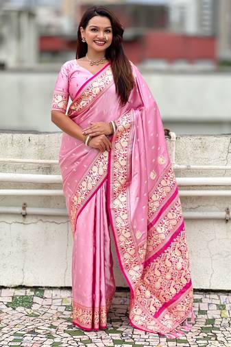 Baby pink embellished, floral, self design banarasi silk saree with blouse