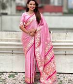 Baby pink embellished, floral, self design banarasi silk saree with blouse