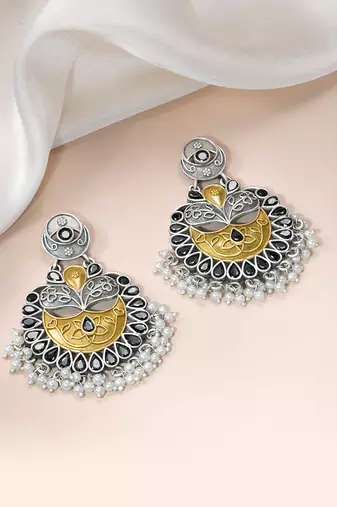 Oxidized silver plated black crystals & lariya studded dangle earrings jewellery for women