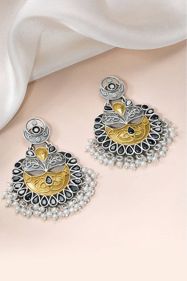 Oxidized silver plated black crystals & lariya studded dangle earrings jewellery for women