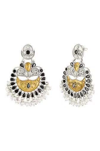 Oxidized silver plated black crystals & lariya studded dangle earrings jewellery for women