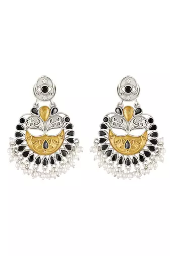 Oxidized silver plated black crystals & lariya studded dangle earrings jewellery for women