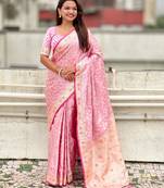 Baby pink embellished, floral, self design banarasi silk saree with blouse