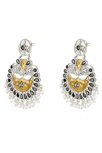 Oxidized silver plated black crystals & lariya studded dangle earrings jewellery for women