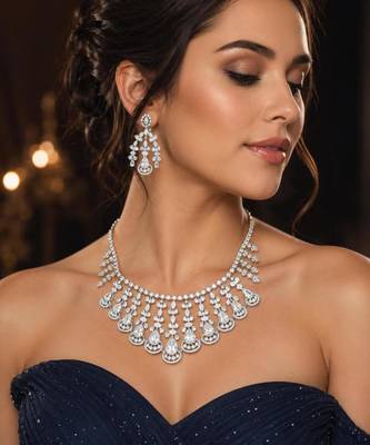 rhodium plated cz bridal necklace and earring set, tear drop statement jewellery 1