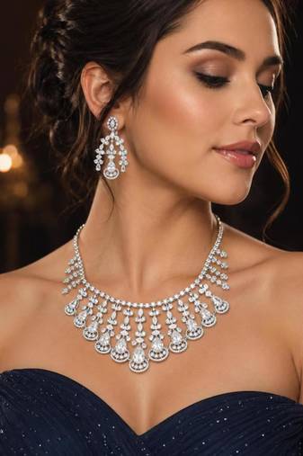 rhodium plated cz bridal necklace and earring set, tear drop statement jewellery
