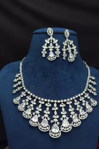 rhodium plated cz bridal necklace and earring set, tear drop statement jewellery