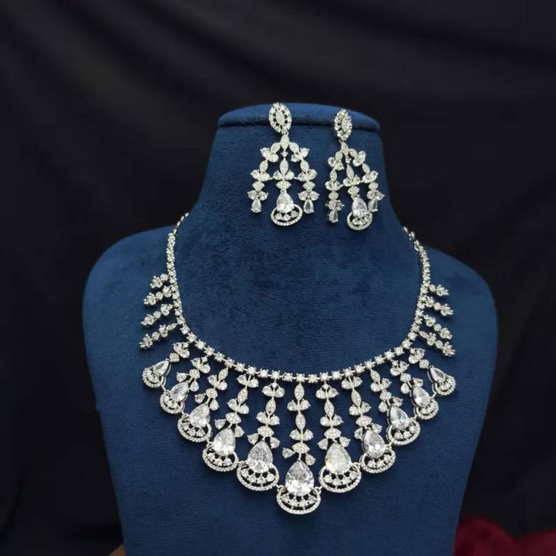 rhodium plated cz bridal necklace and earring set, tear drop statement jewellery
