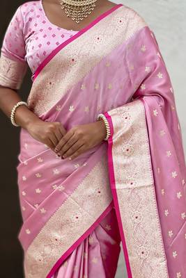 Baby pink embellished, floral, self design banarasi silk saree with blouse 5
