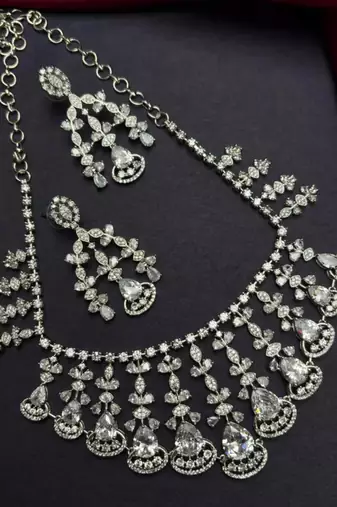rhodium plated cz bridal necklace and earring set, tear drop statement jewellery