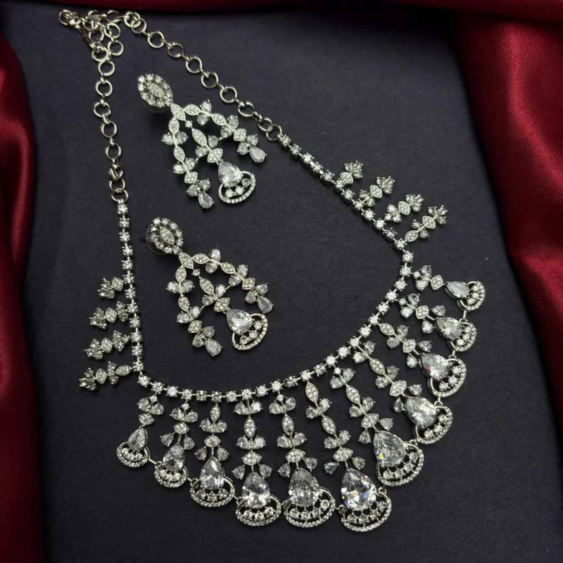 rhodium plated cz bridal necklace and earring set, tear drop statement jewellery