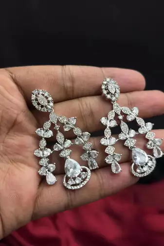 rhodium plated cz bridal necklace and earring set, tear drop statement jewellery