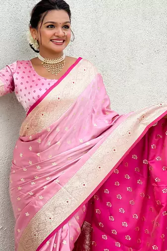 Baby pink embellished, floral, self design banarasi silk saree with blouse