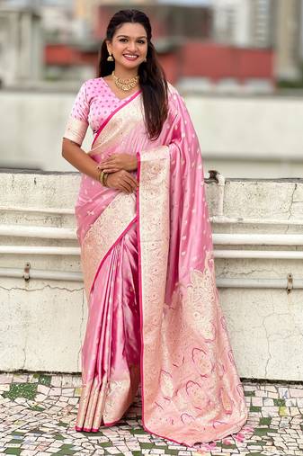 Baby pink embellished, floral, self design banarasi silk saree with blouse