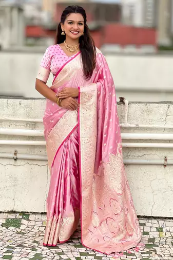 Baby pink embellished, floral, self design banarasi silk saree with blouse