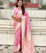 Baby pink embellished, floral, self design banarasi silk saree with blouse