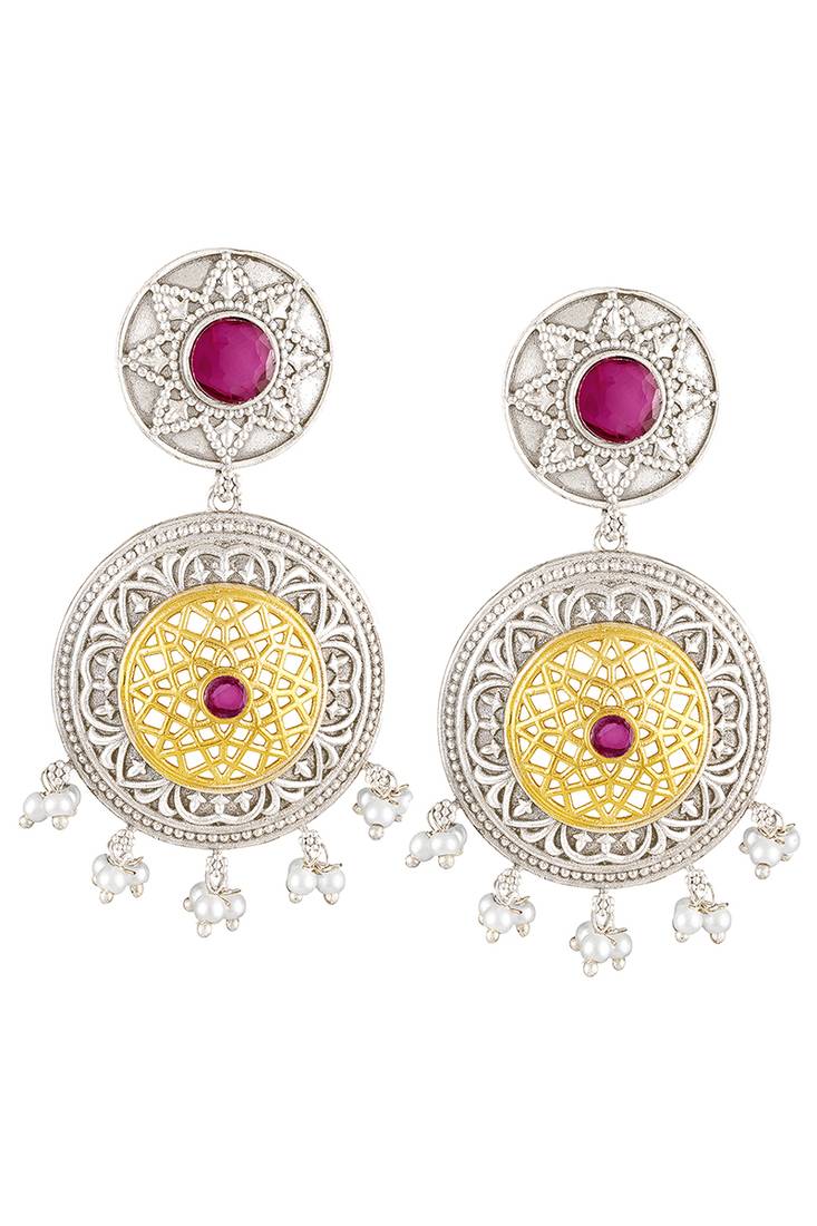 Oxidized silver plated faux ruby & lariya studded dangle earrings fashion jewellery for women