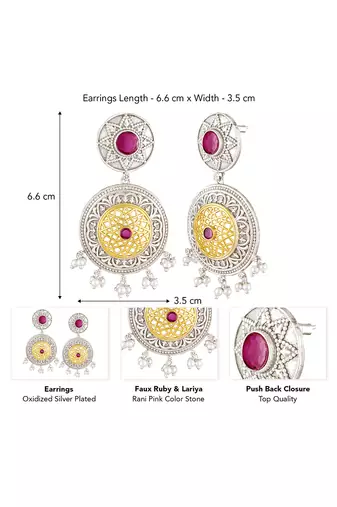 Oxidized silver plated faux ruby & lariya studded dangle earrings fashion jewellery for women