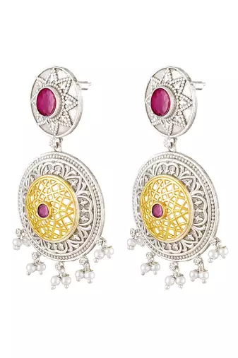 Oxidized silver plated faux ruby & lariya studded dangle earrings fashion jewellery for women