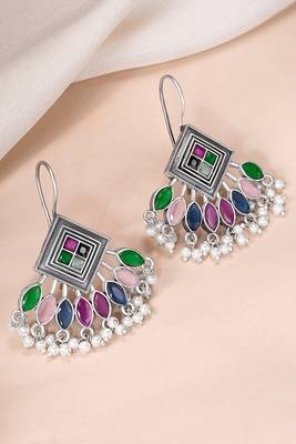 Oxidized silver plated multicolor crystals & lariya studded dangle earrings jewellery 1