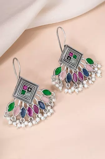Oxidized silver plated multicolor crystals & lariya studded dangle earrings jewellery