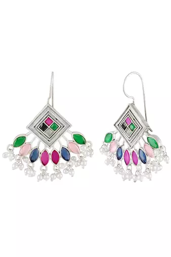 Oxidized silver plated multicolor crystals & lariya studded dangle earrings jewellery