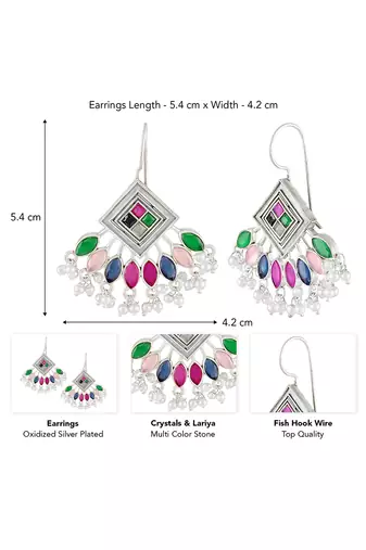 Oxidized silver plated multicolor crystals & lariya studded dangle earrings jewellery