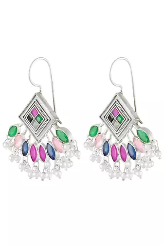 Oxidized silver plated multicolor crystals & lariya studded dangle earrings jewellery