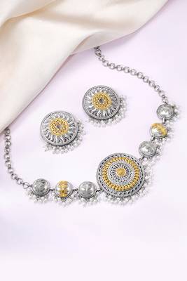 Oxidized silver gold plated lariya studded necklace earrings set fashion jewellery for women 1
