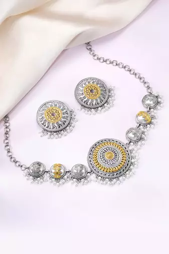 Oxidized silver gold plated lariya studded necklace earrings set fashion jewellery for women