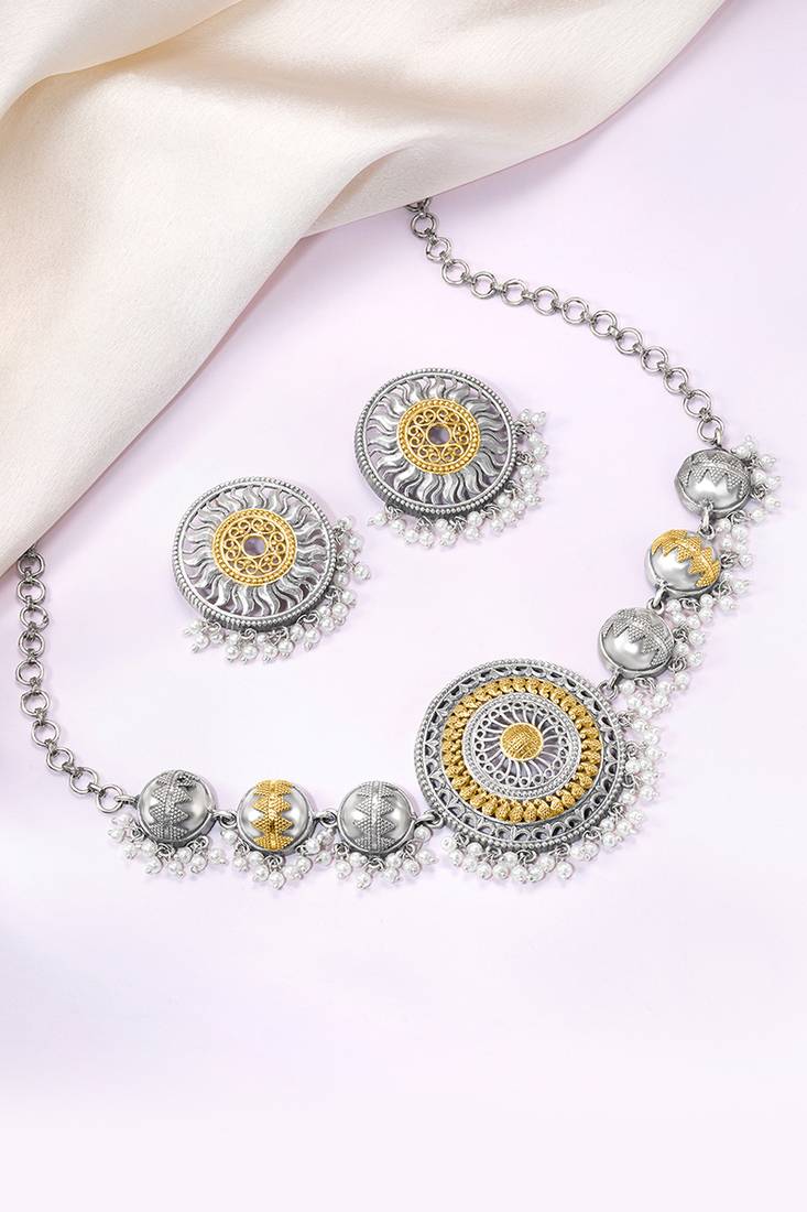 Oxidized silver gold plated lariya studded necklace earrings set fashion jewellery for women