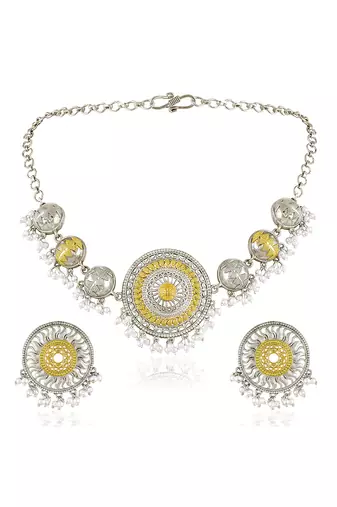 Oxidized silver gold plated lariya studded necklace earrings set fashion jewellery for women