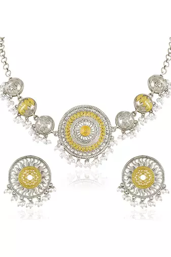 Oxidized silver gold plated lariya studded necklace earrings set fashion jewellery for women
