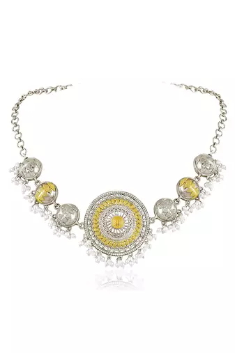 Oxidized silver gold plated lariya studded necklace earrings set fashion jewellery for women