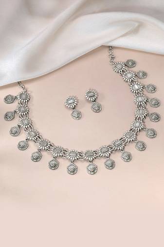 Oxidized silver plated ethnic necklace & drop earrings set fashion jewellery for women & girls