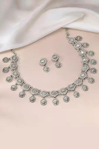 Oxidized silver plated ethnic necklace & drop earrings set fashion jewellery for women & girls